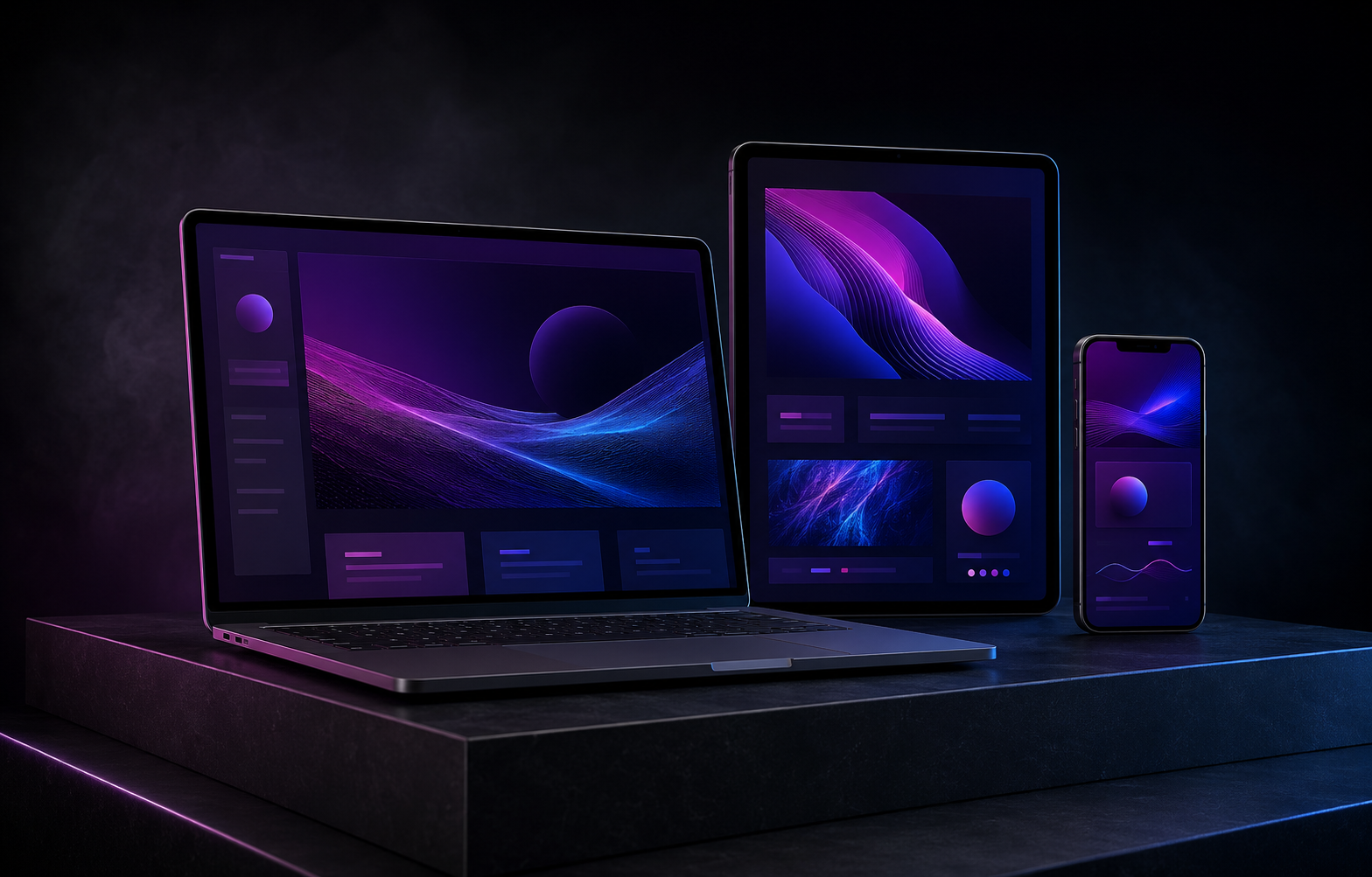 Site e sistema responsivos apresentados em notebook, tablet e smartphone